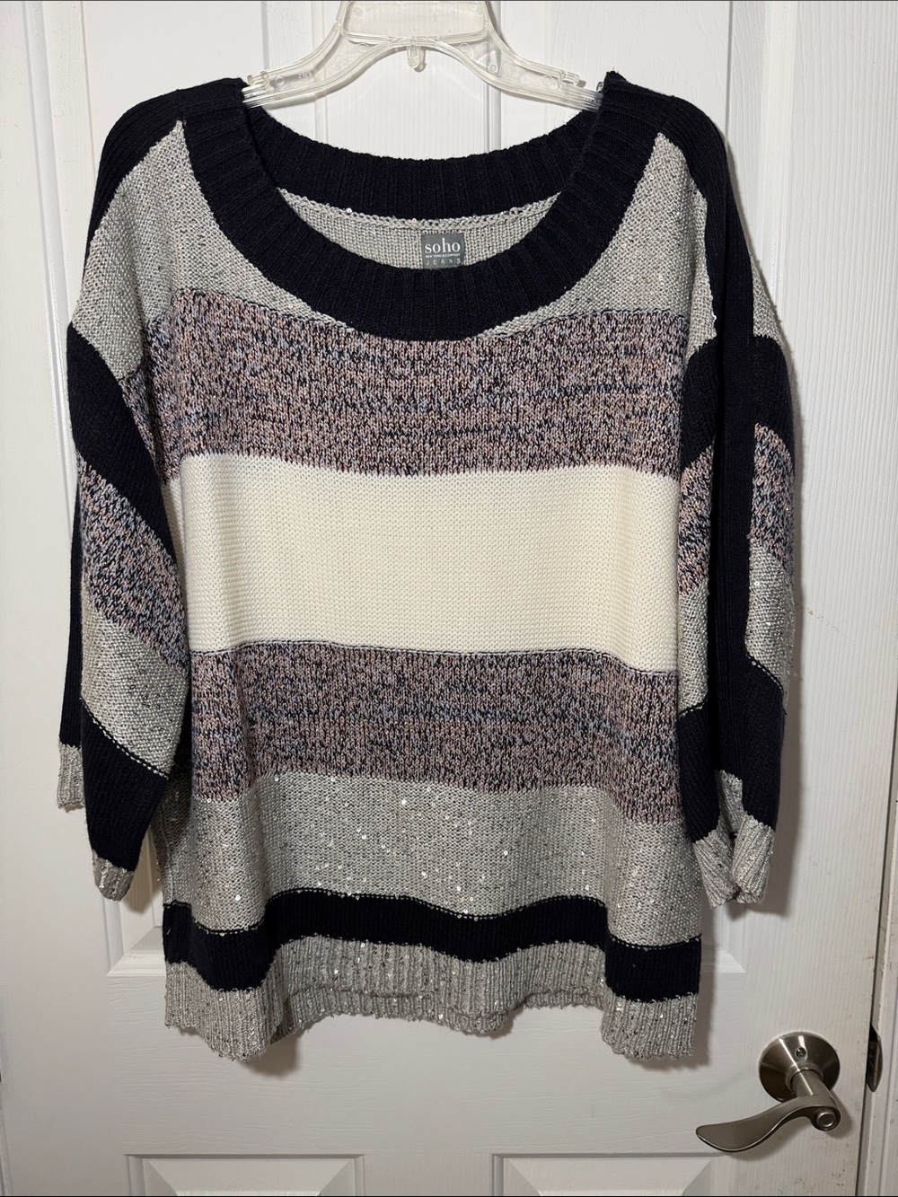 Soho Sparkly Striped Scoop Neck Sweater with sequins and gold threads